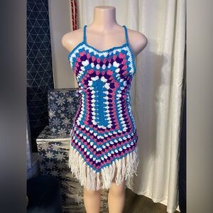 Crochet Halter Dress colorful with Fringe Indian medium beach swim coverup
